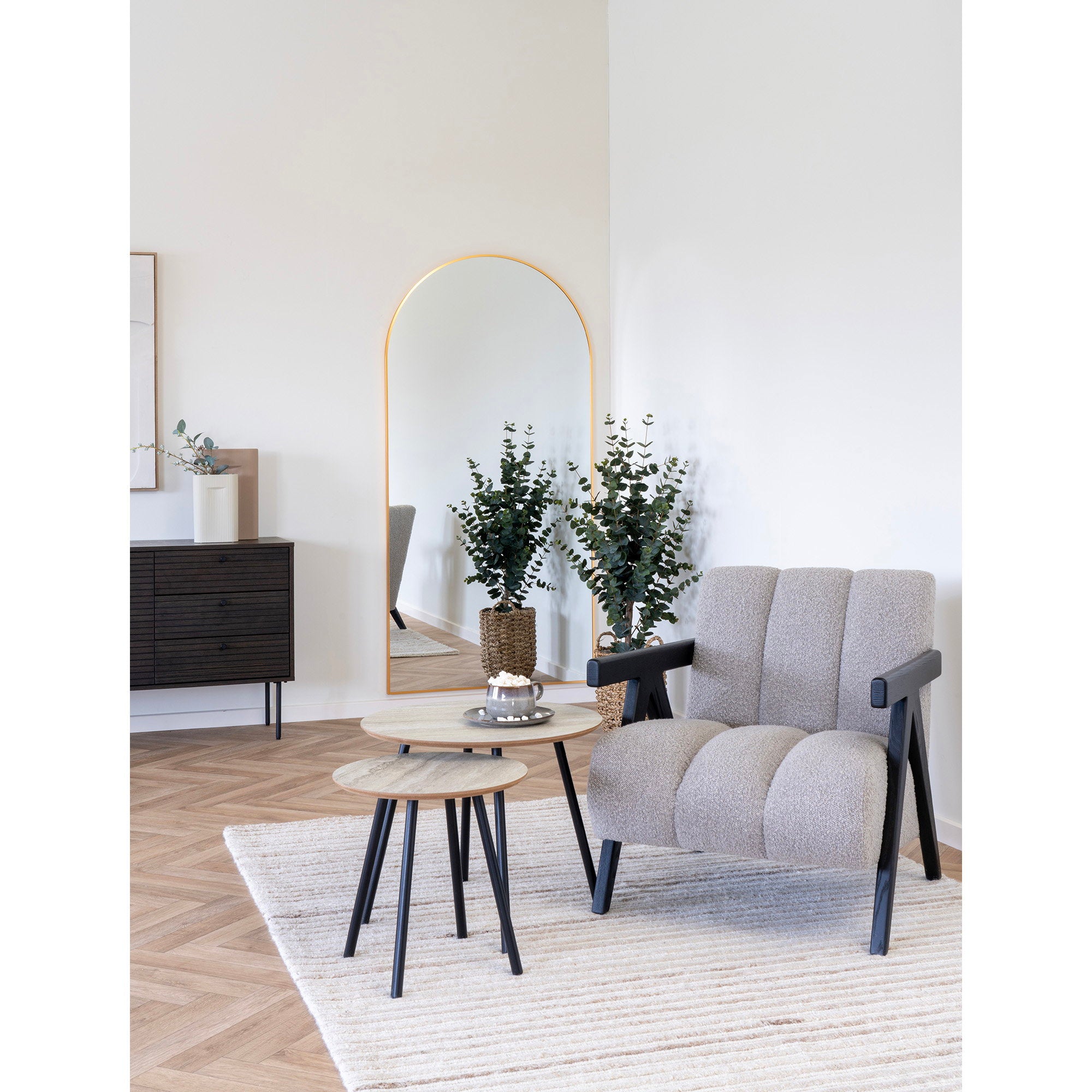 Aalst Coffee Table - Coffee table, travertine look, black legs ø55x45 cm