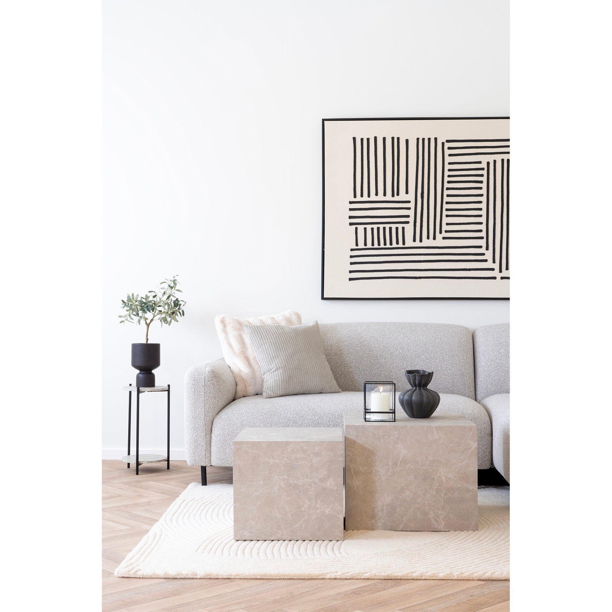 Leuven Side Table - Side table, travertine look, black legs ø27x46 cm