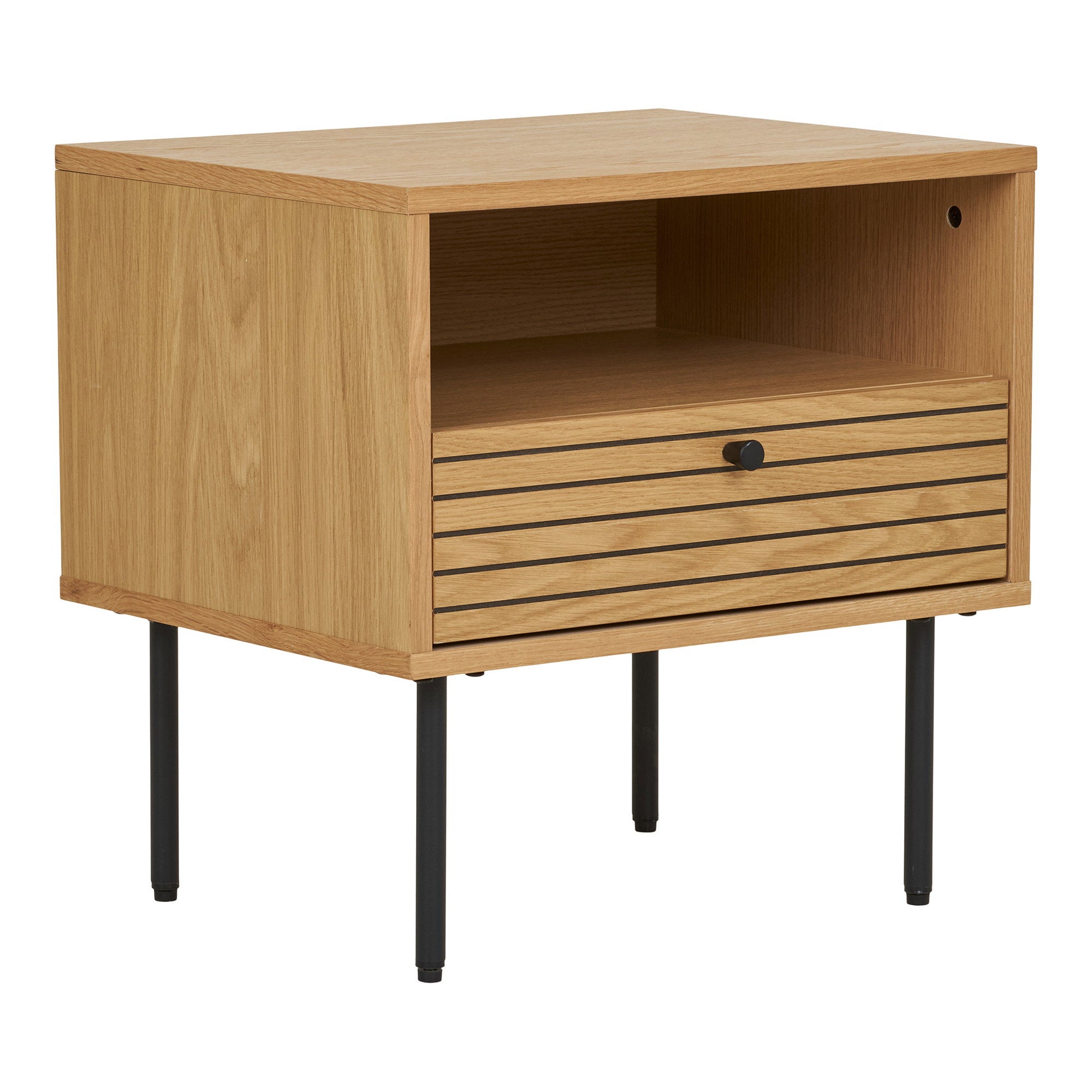 Kyoto Side Table - Side Table, 1 drawer, oak veneer, natural, black metal legs 50x40x50 cm