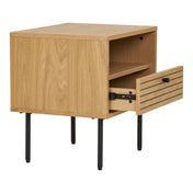 Kyoto Side Table - Side Table, 1 drawer, oak veneer, natural, black metal legs 50x40x50 cm