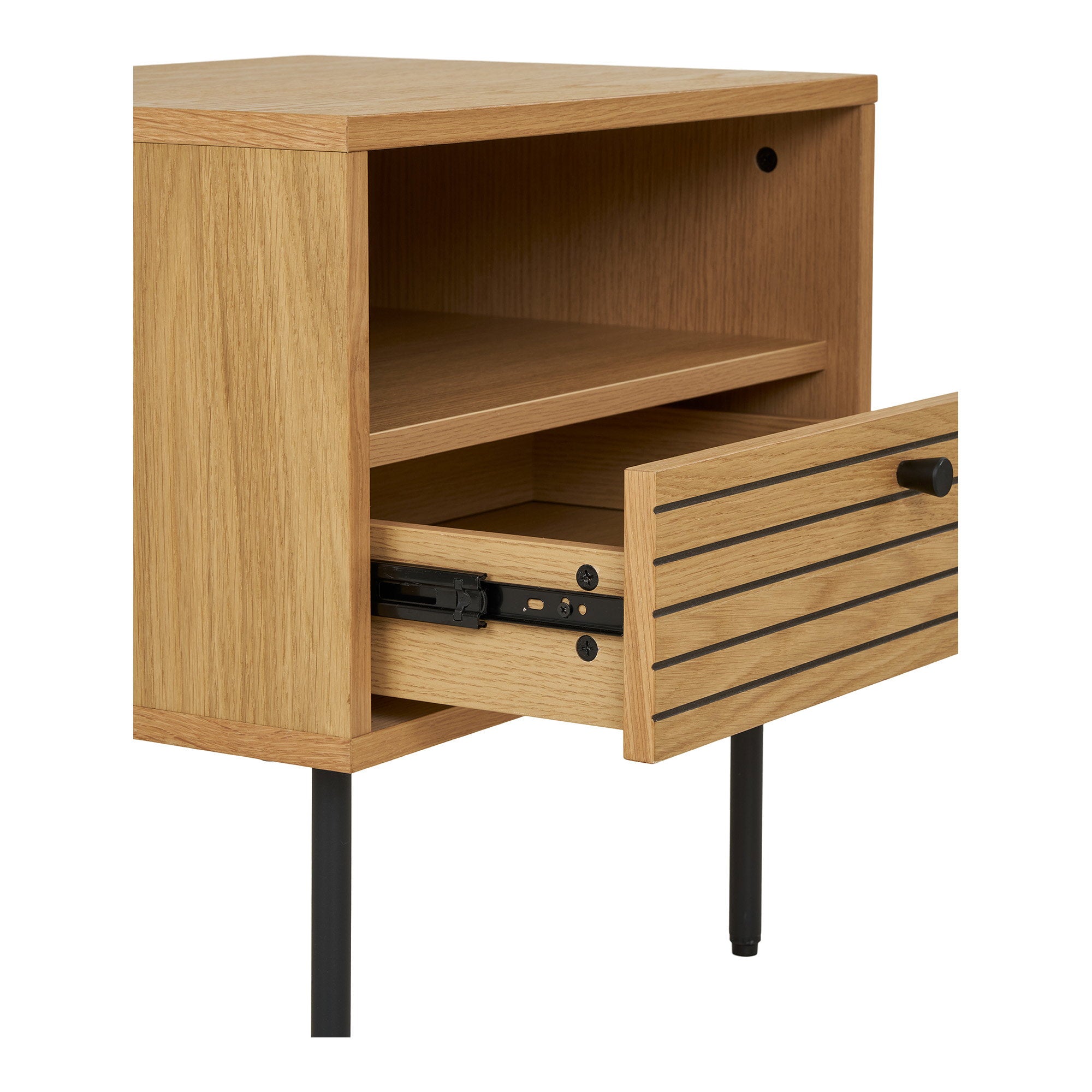 Kyoto Side Table - Side Table, 1 drawer, oak veneer, natural, black metal legs 50x40x50 cm