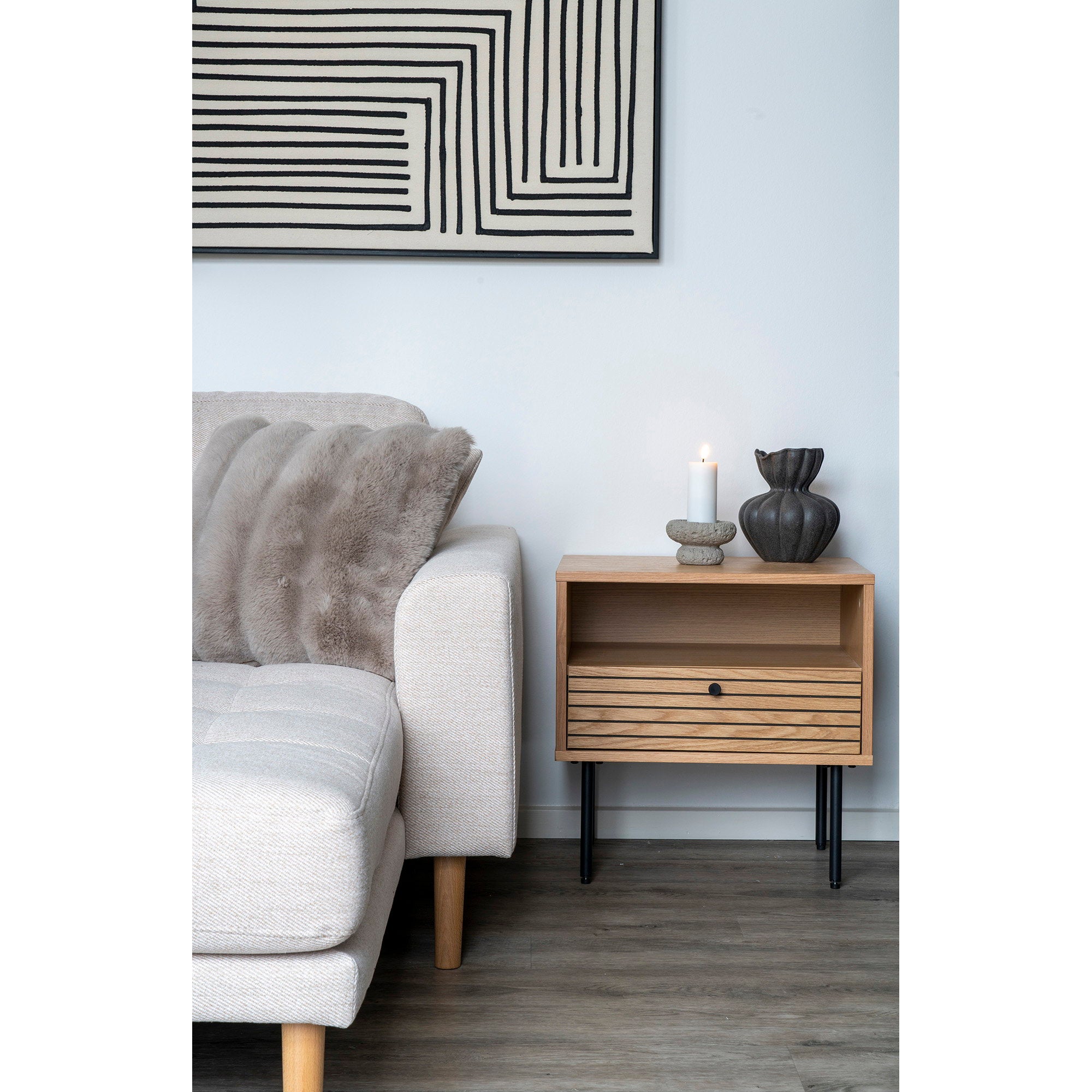 Kyoto Side Table - Side Table, 1 drawer, oak veneer, natural, black metal legs 50x40x50 cm