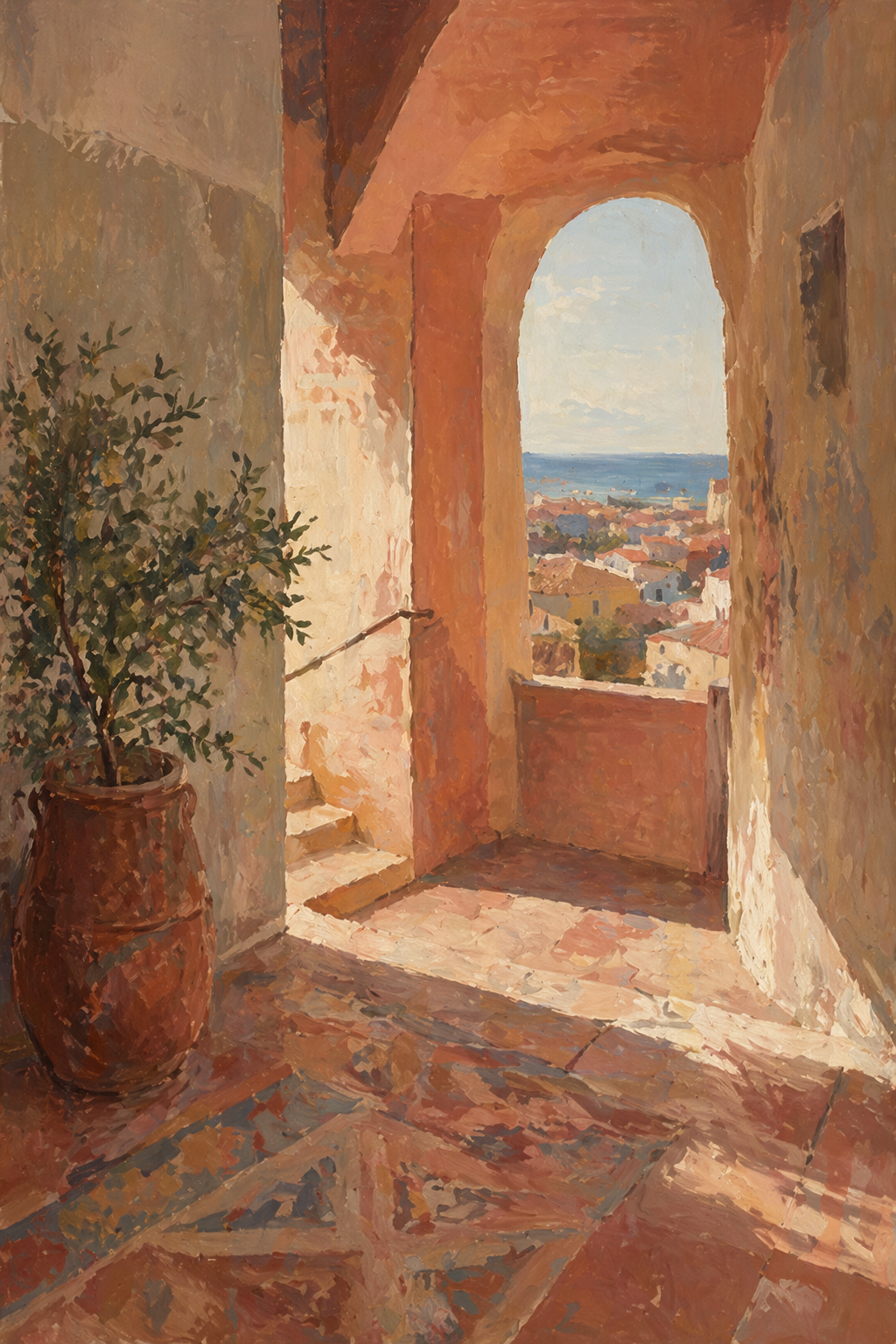 Doorgang warm terracotta mediterraans kustzicht