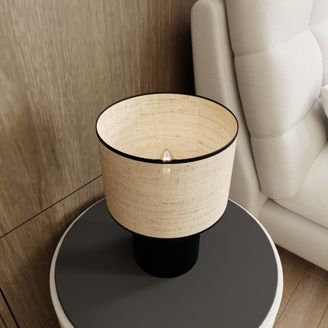 Lámpara de mesa de acero y ratán negro Elira